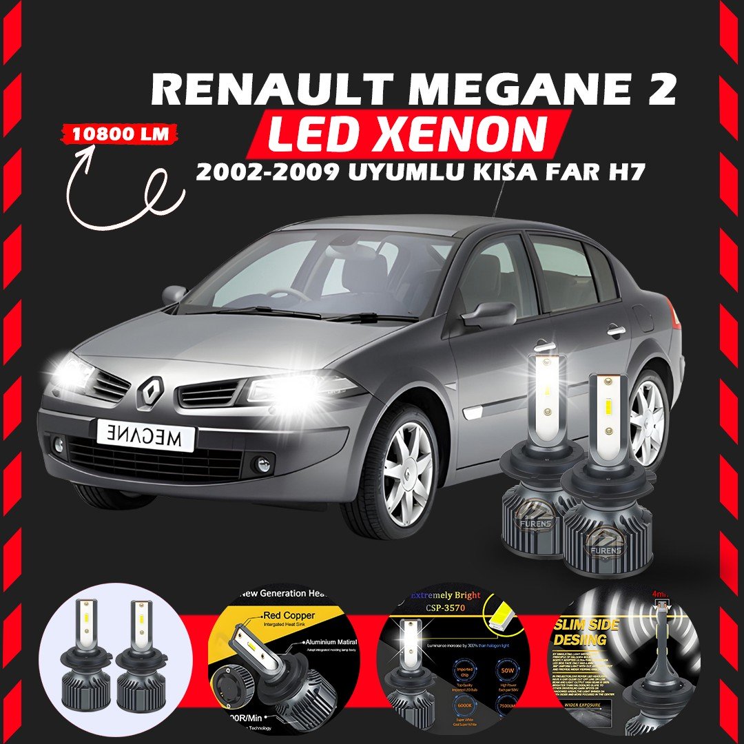Renault Megane 2 2002-2009 Kısa Far Uyumlu Şimşek Etkili Led Xenon Premium Series H7