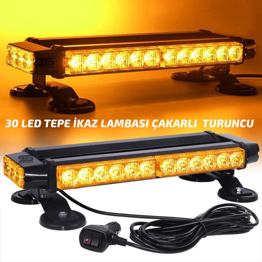Tepe Lamba 4 Yönlü Turuncu Çakarlı Ikaz Lambası 28 Farklı Modlu Manyetik Mıknatıslı Tepe Lambası 30 Led Çakmaklık Girişli