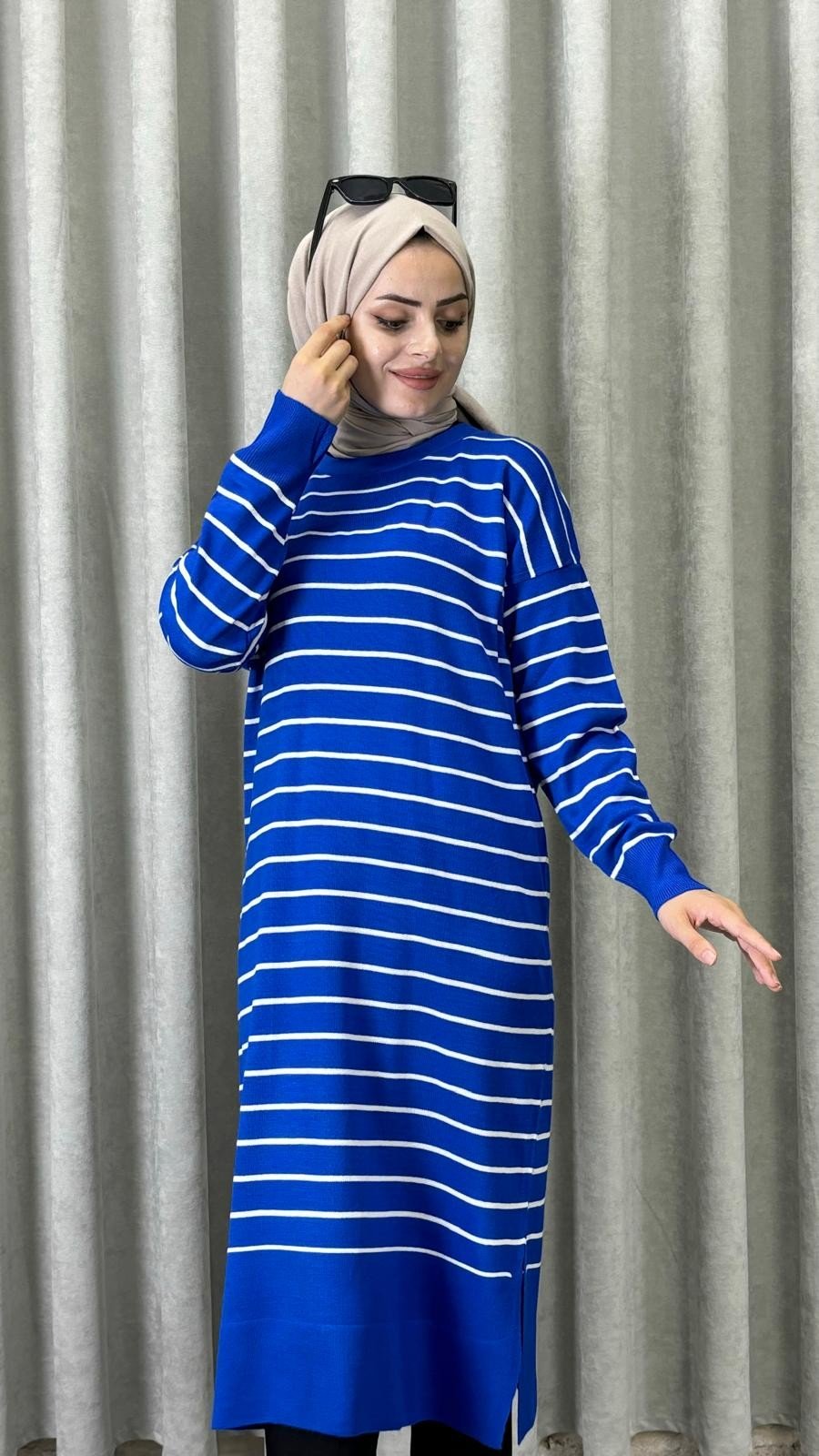 Çizgili Tunik - Saks mavi 