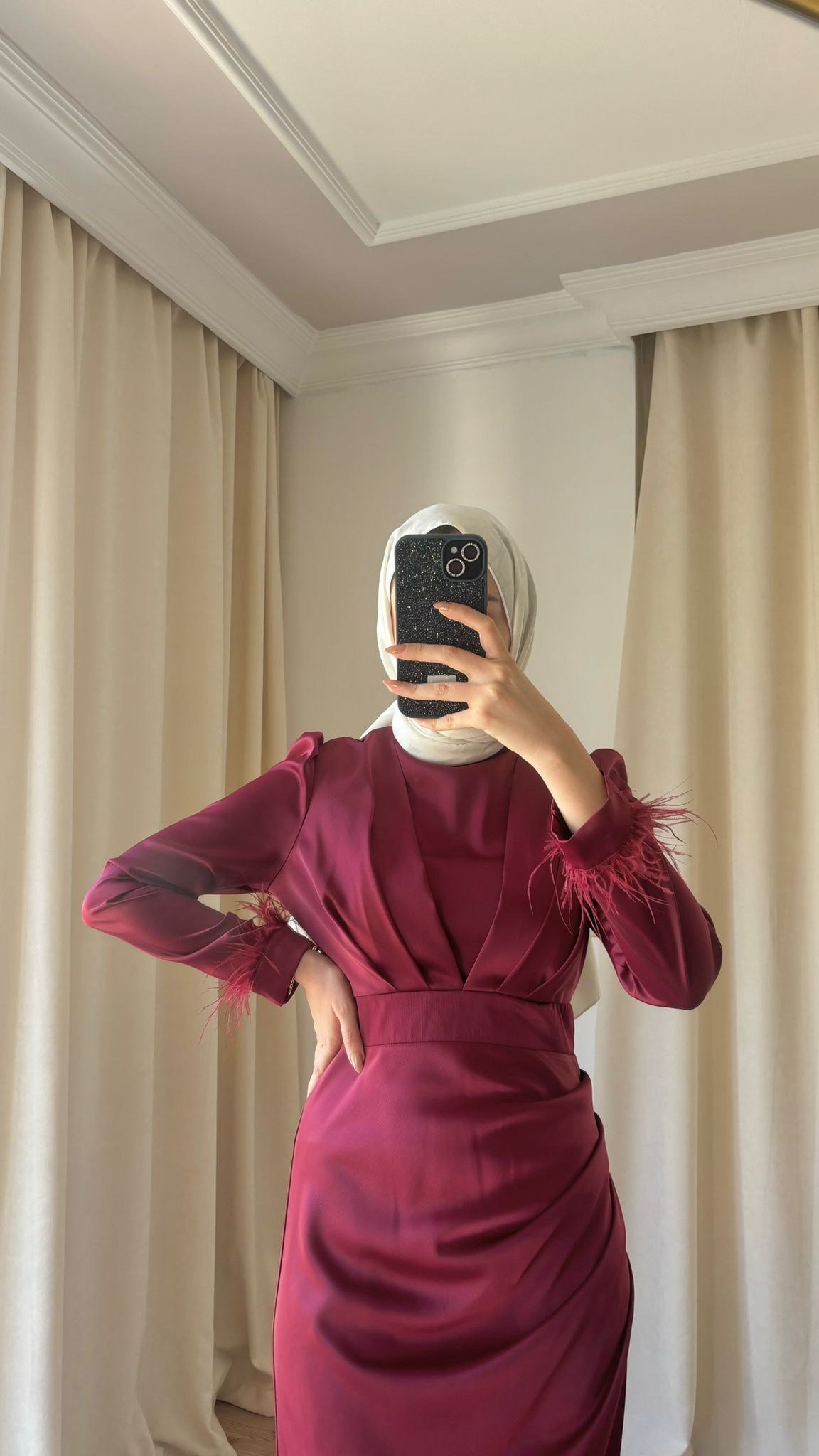Kolları Püsküllü Saten Abiye - Bordo