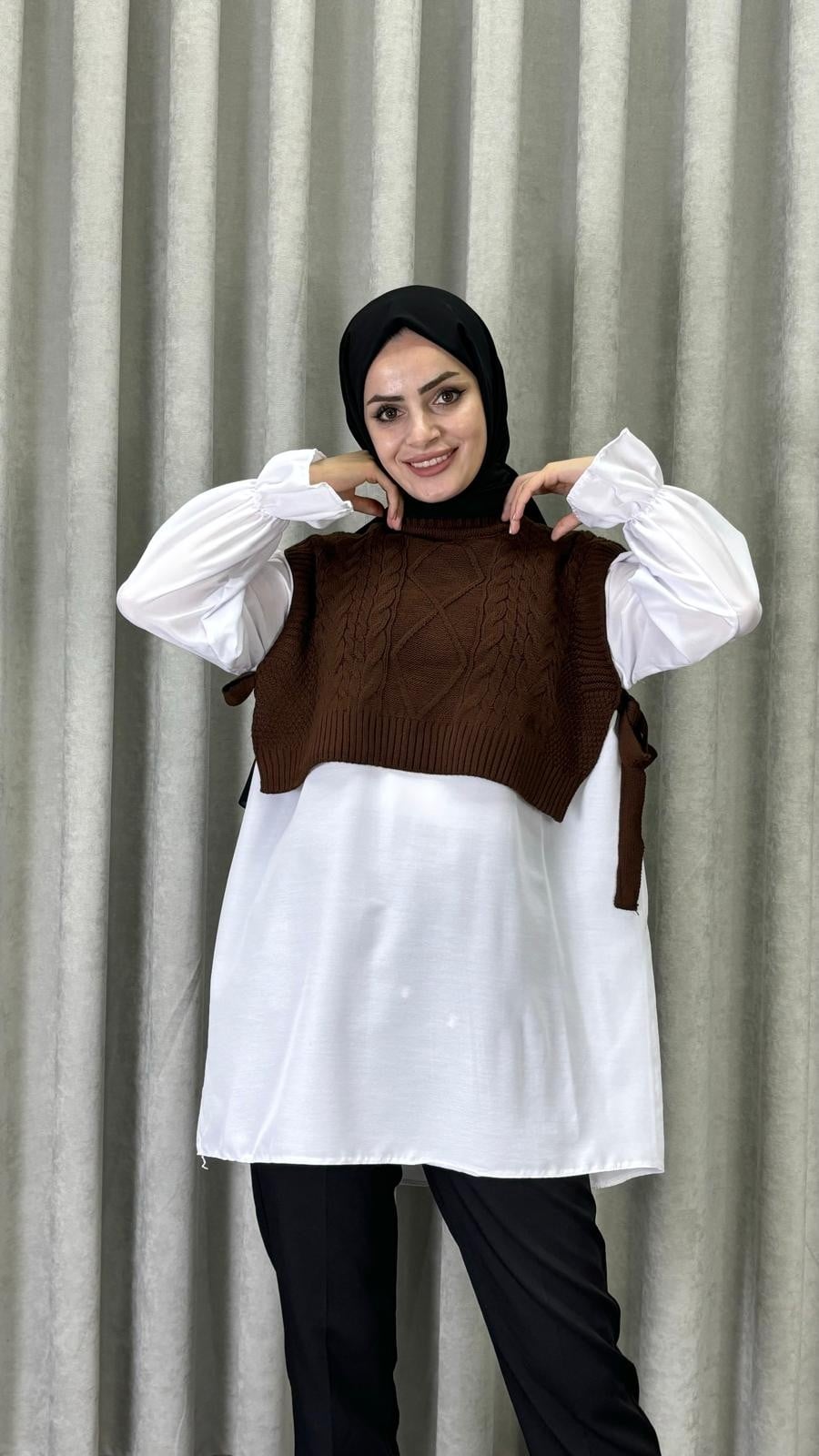 Yandan Bağlamalı Örgü Süveter- Kahverengi 