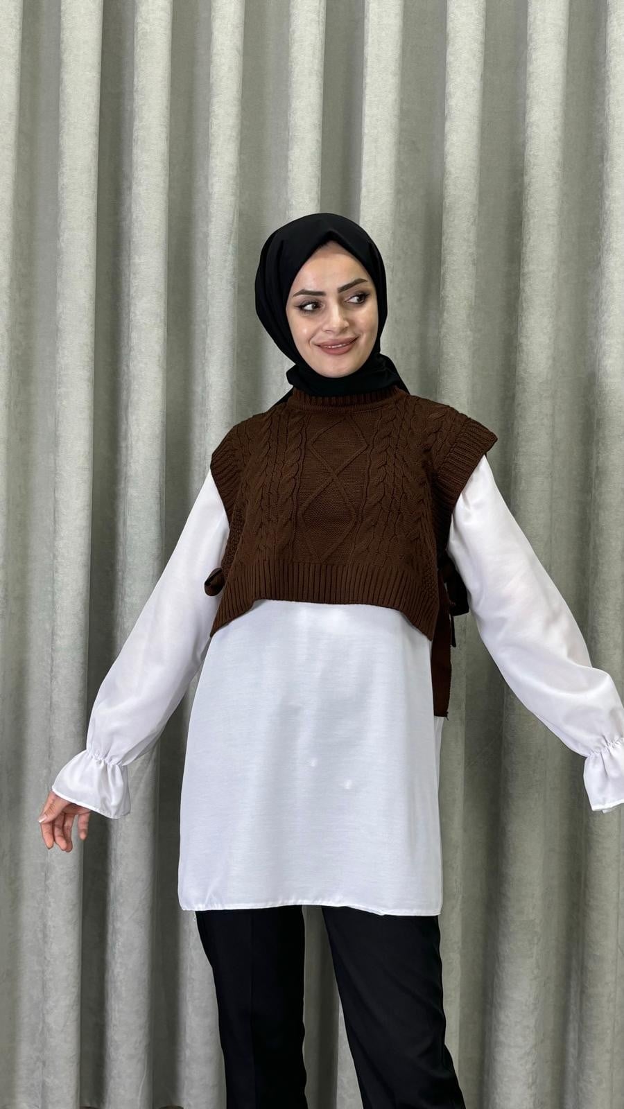 Yandan Bağlamalı Örgü Süveter- Kahverengi 
