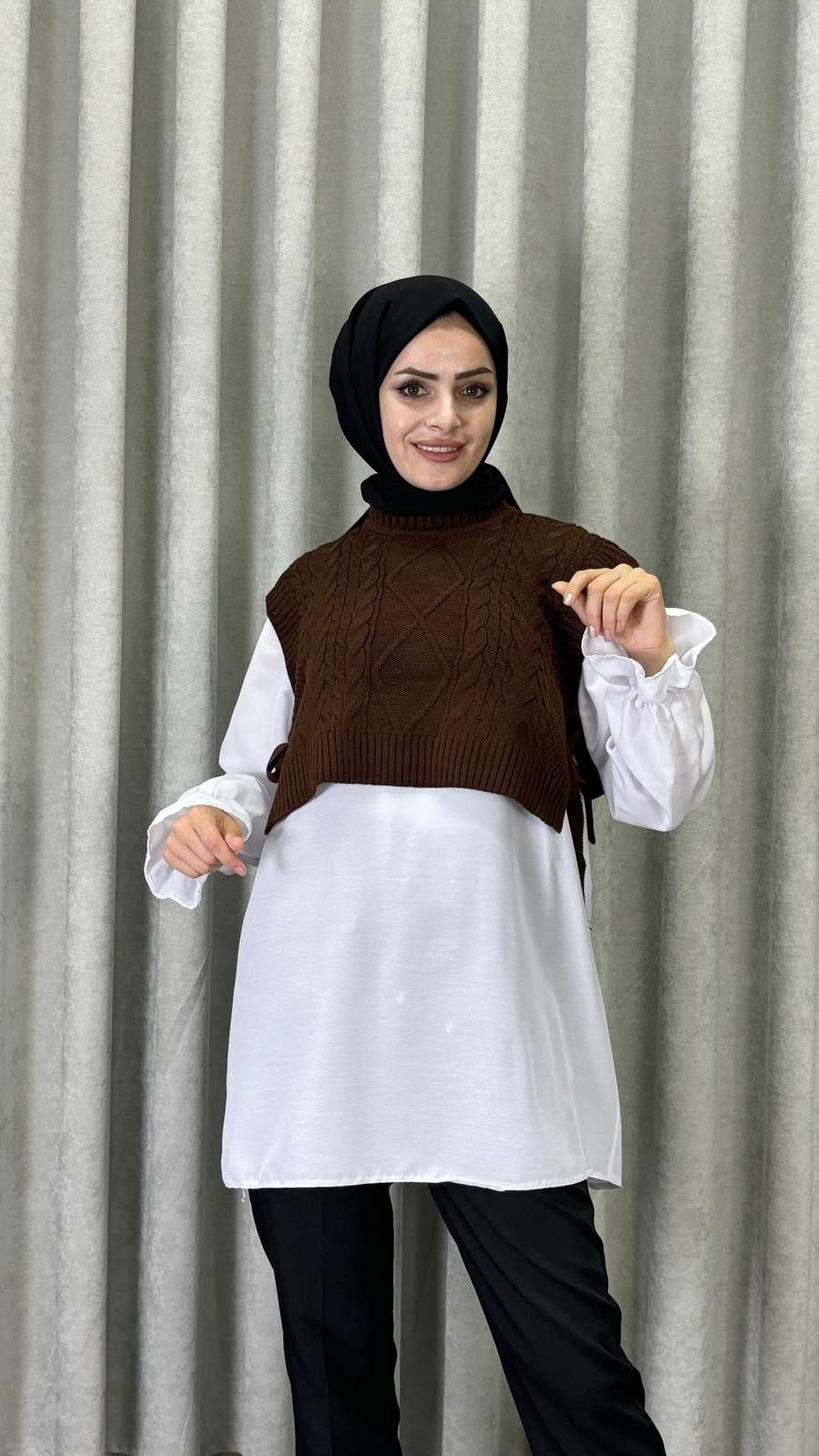 Yandan Bağlamalı Örgü Süveter- Kahverengi 