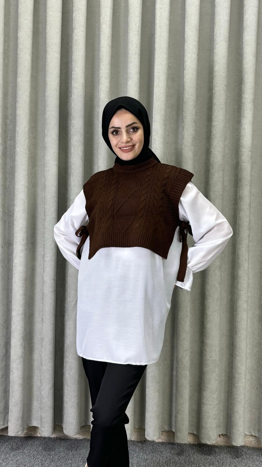 Yandan Bağlamalı Örgü Süveter- Kahverengi 