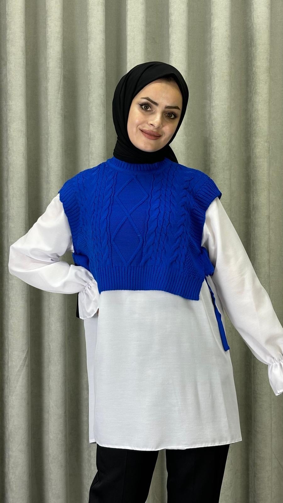 Yandan Bağlamalı Örgü Süveter- Saks mavi