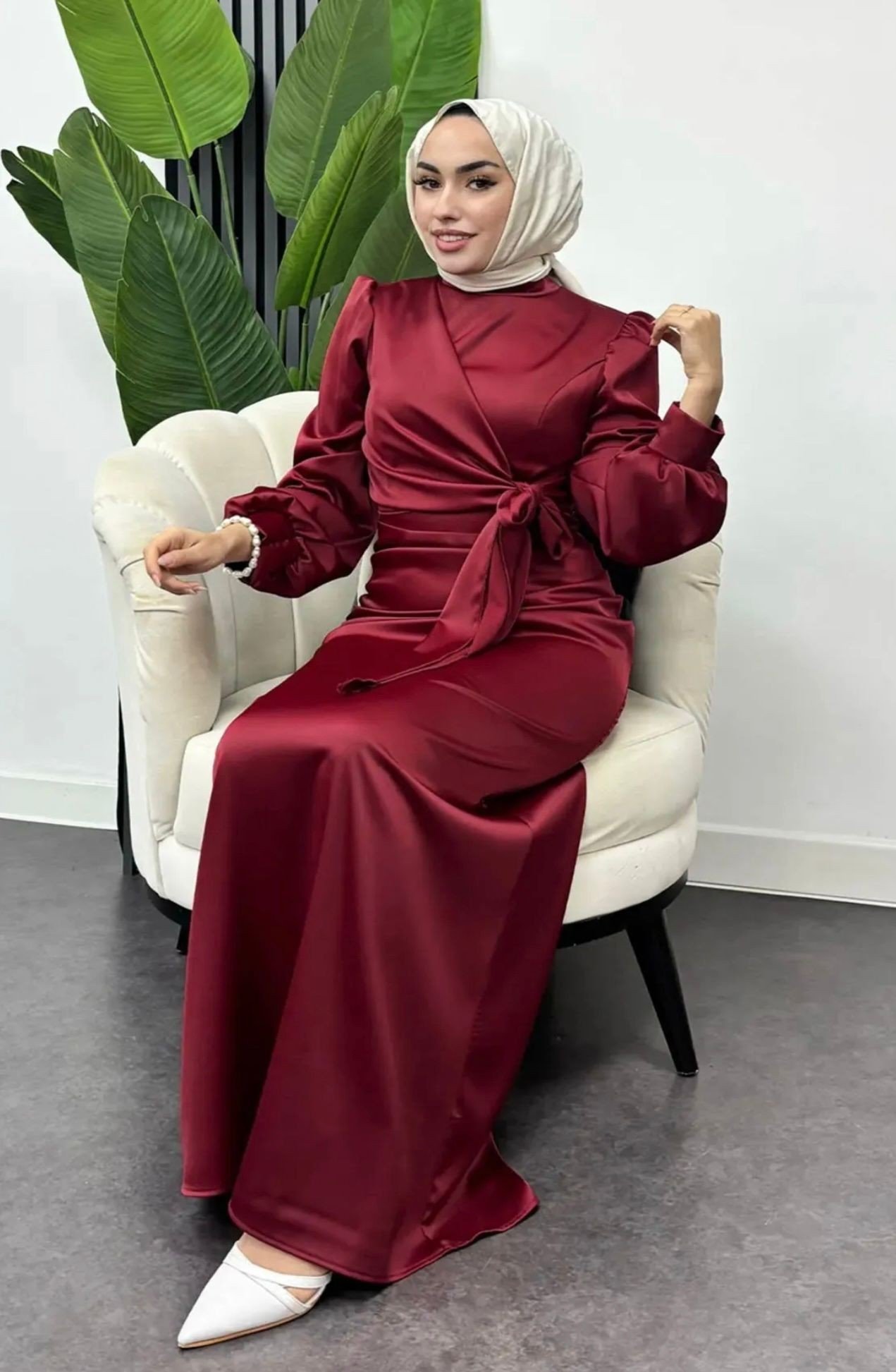 Yandan Bağlamalı Saten Abiye - Bordo
