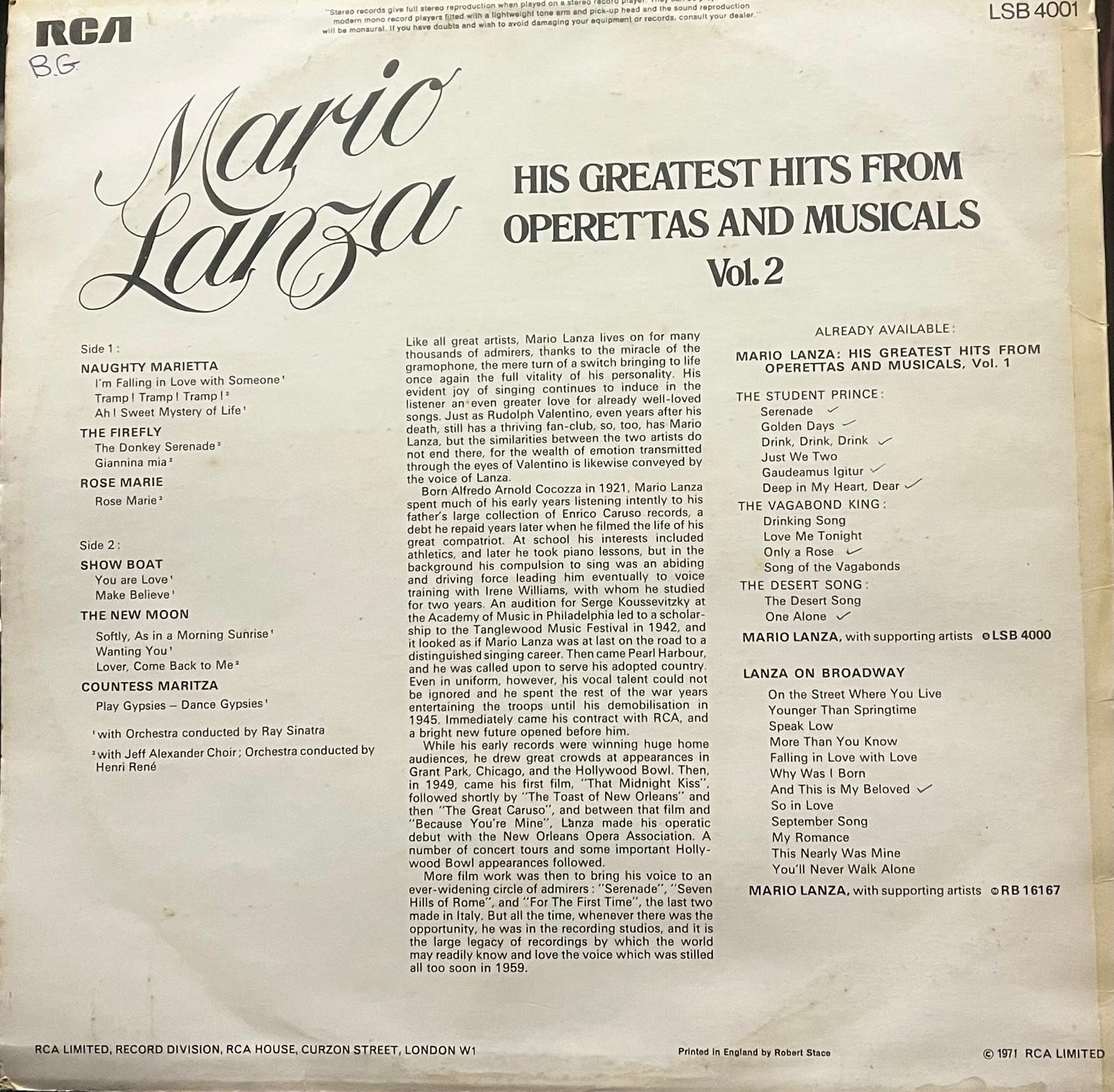 Mario Lanza – His Greatest Hits from Operettas and Musicals Vol. 2