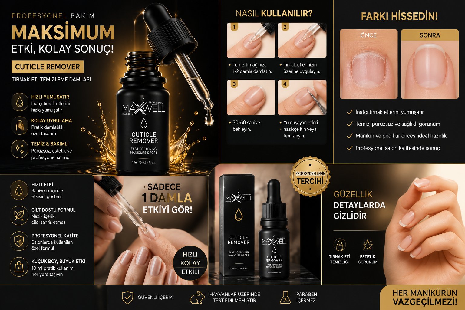 Maxwell Professional Cuticle Remover Tırnak Eti Temizleyici 10ml, Kesme Gerektirmeyen Hızlı Kütikül Yumuşatıcı, Manikür ve Pedikür İçin Profesyonel Tırnak Eti Çıkarıcı