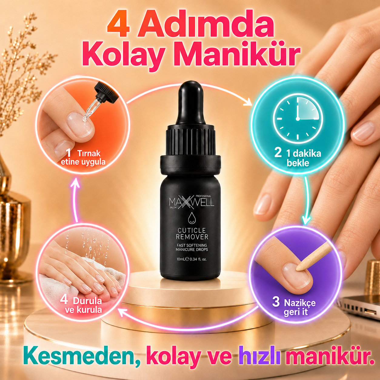 Maxwell Professional Cuticle Remover Tırnak Eti Temizleyici 10ml, Kesme Gerektirmeyen Hızlı Kütikül Yumuşatıcı, Manikür ve Pedikür İçin Profesyonel Tırnak Eti Çıkarıcı