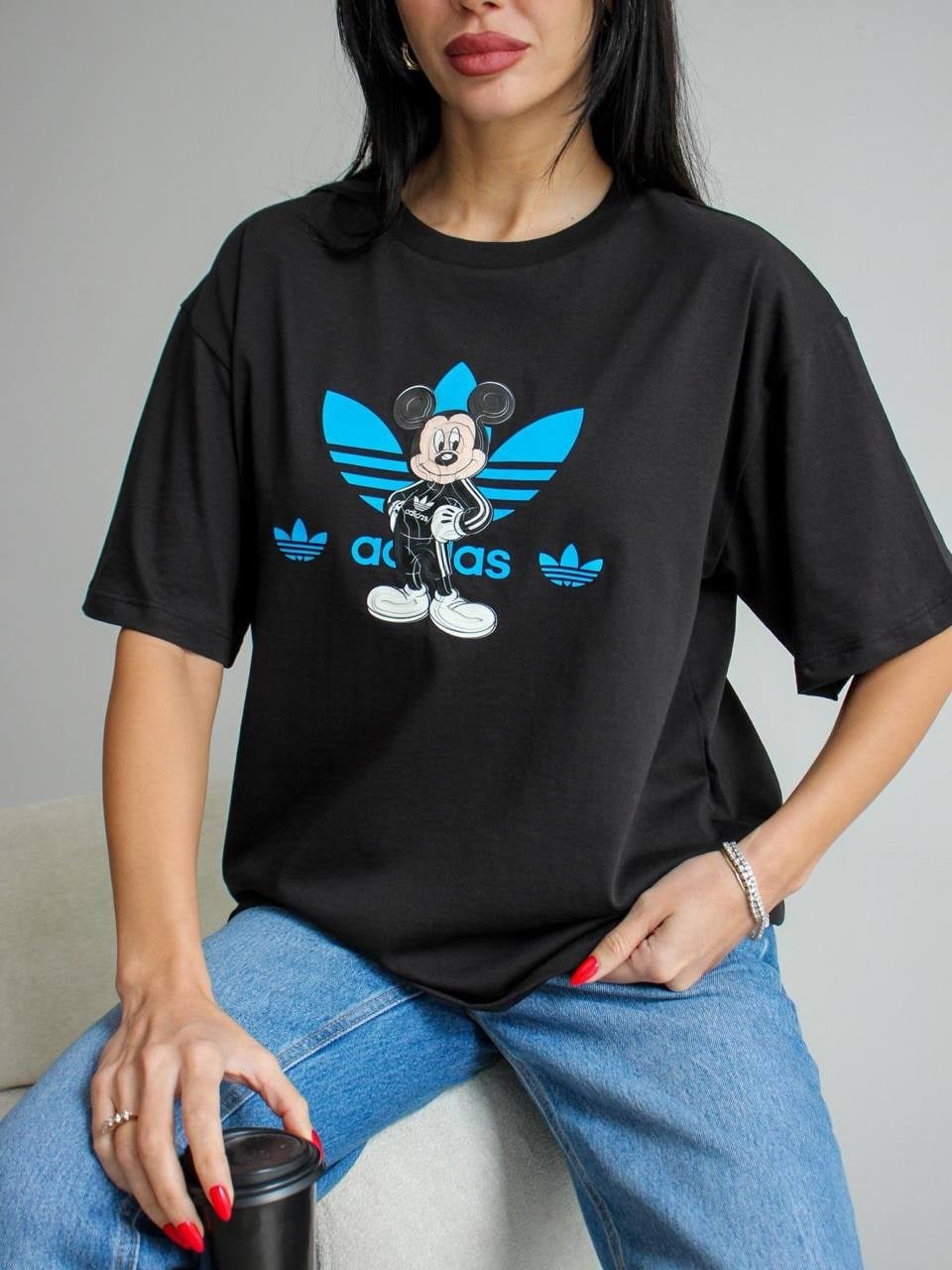 ADİDS Mickey Mouse Detaylı Oversize Basic T-Shirt - SİYAH 