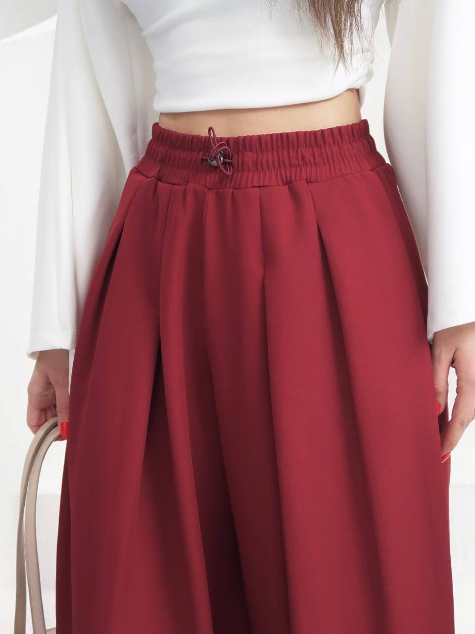 Bordo Beli Ve Paçası Lastikli Krep Şalvar Pantolon