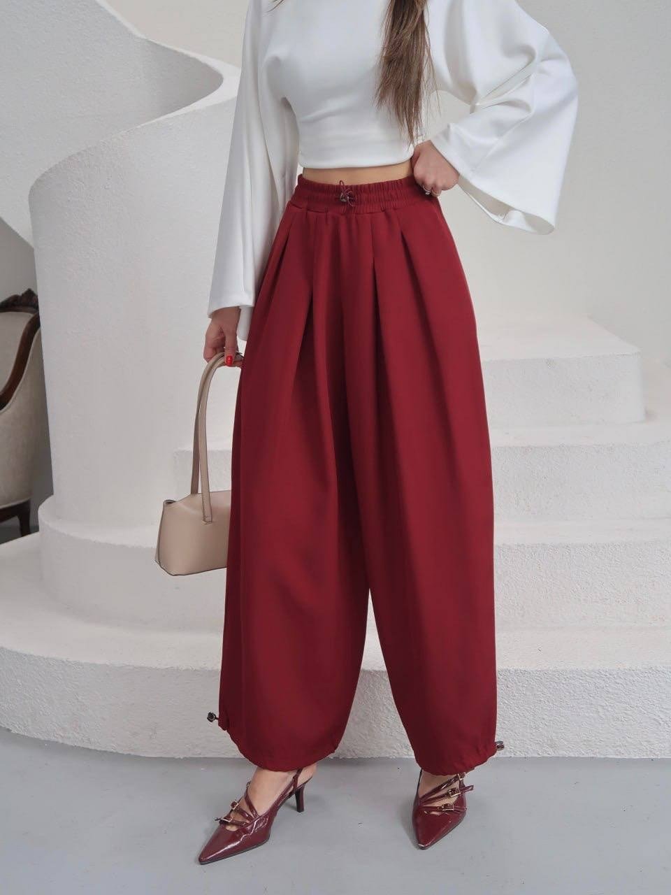 Bordo Beli Ve Paçası Lastikli Krep Şalvar Pantolon