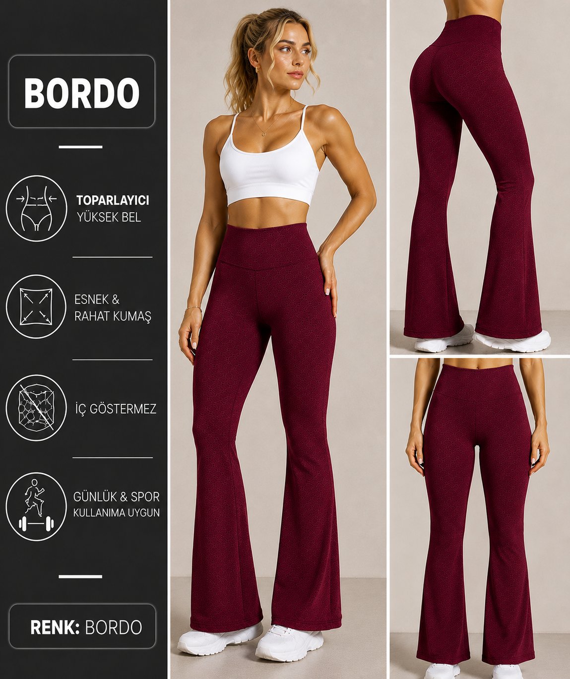BORDO Yüksek Bel Şardonsuz İSPANYOL Paça Tayt – Büyük Beden & Normal  Beden