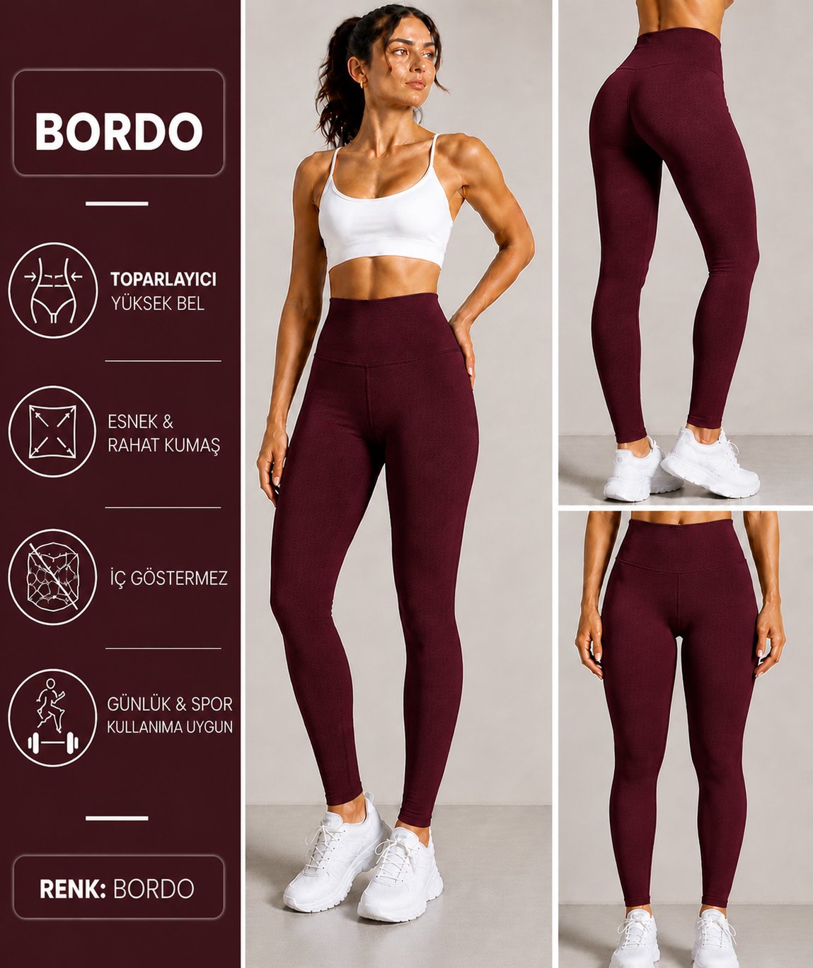 BORDO Yüksek Bel Şardonsuz Kadın Tayt – Büyük Beden & Standart Beden