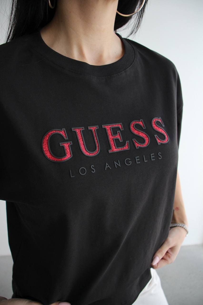 GESS Oversize Simli Yazı Detaylı T-Shirt - SİYAH