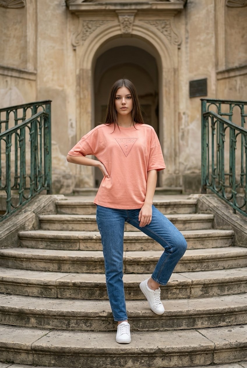 GESS Oversize Taşlı Logo Detaylı T-Shirt - PEMBE