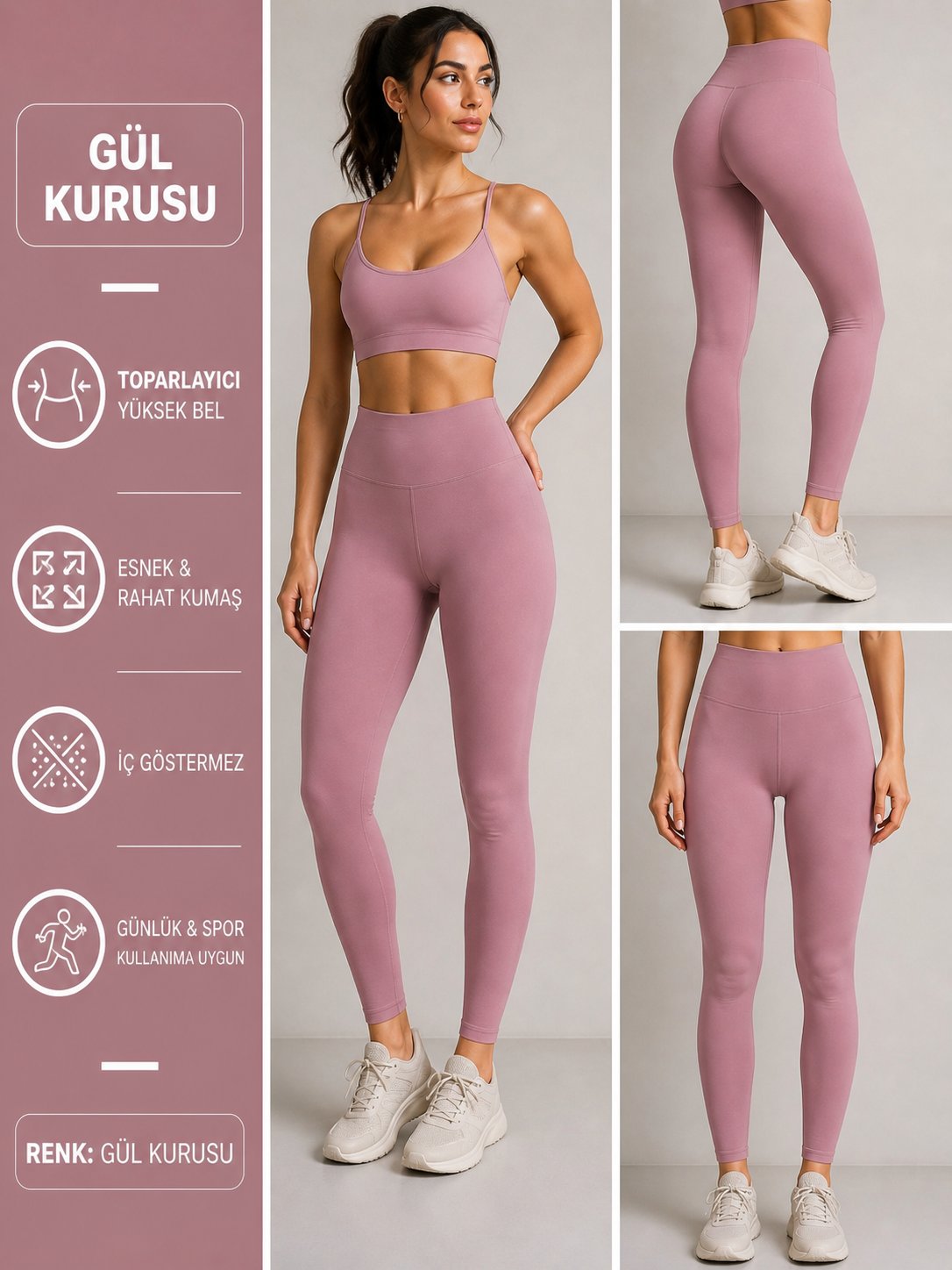 GÜL KURUSU Yüksek Bel Şardonsuz Kadın Tayt – Büyük Beden & Standart Beden