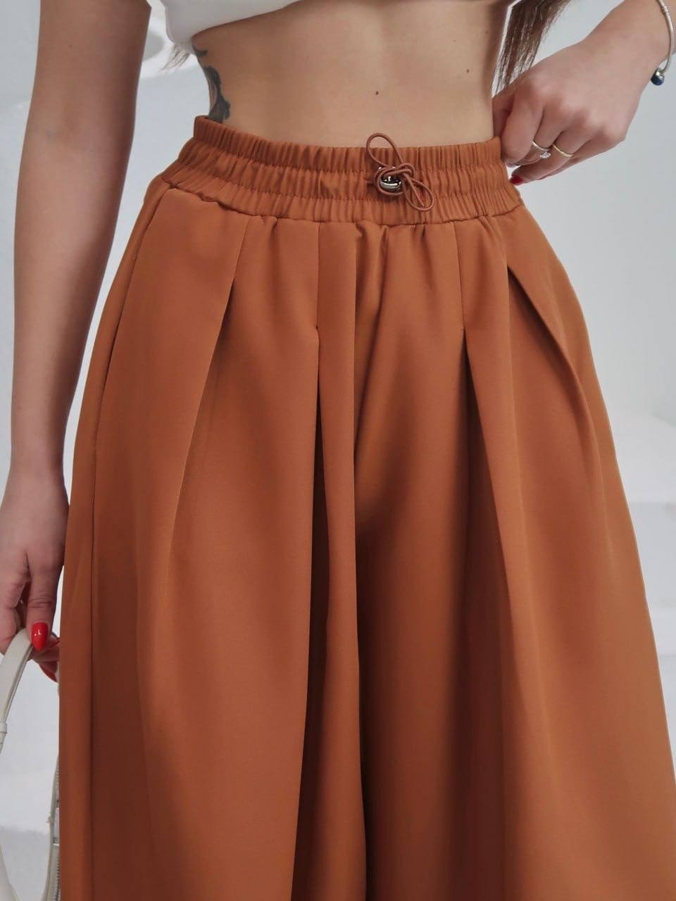 Kiremit  Beli Ve Paçası Lastikli Krep Şalvar Pantolon