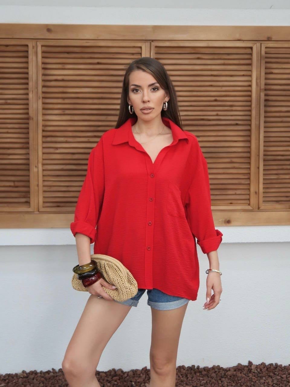 KIRMIZI Tiril Tiril Oversize Gömlek