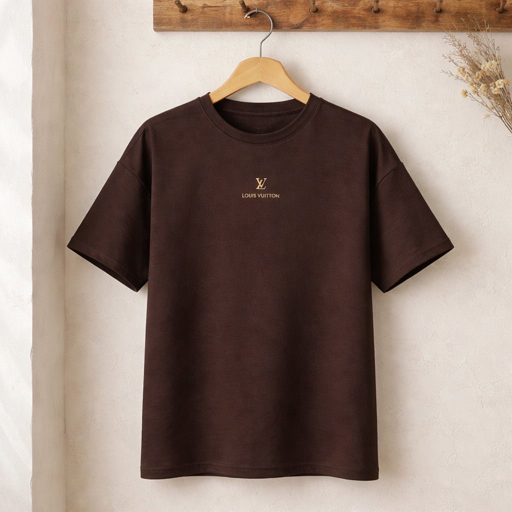 LV Marka Göğüs  Yazı ve Logo Detaylı Oversize T-Shirt - ACI KAHVE