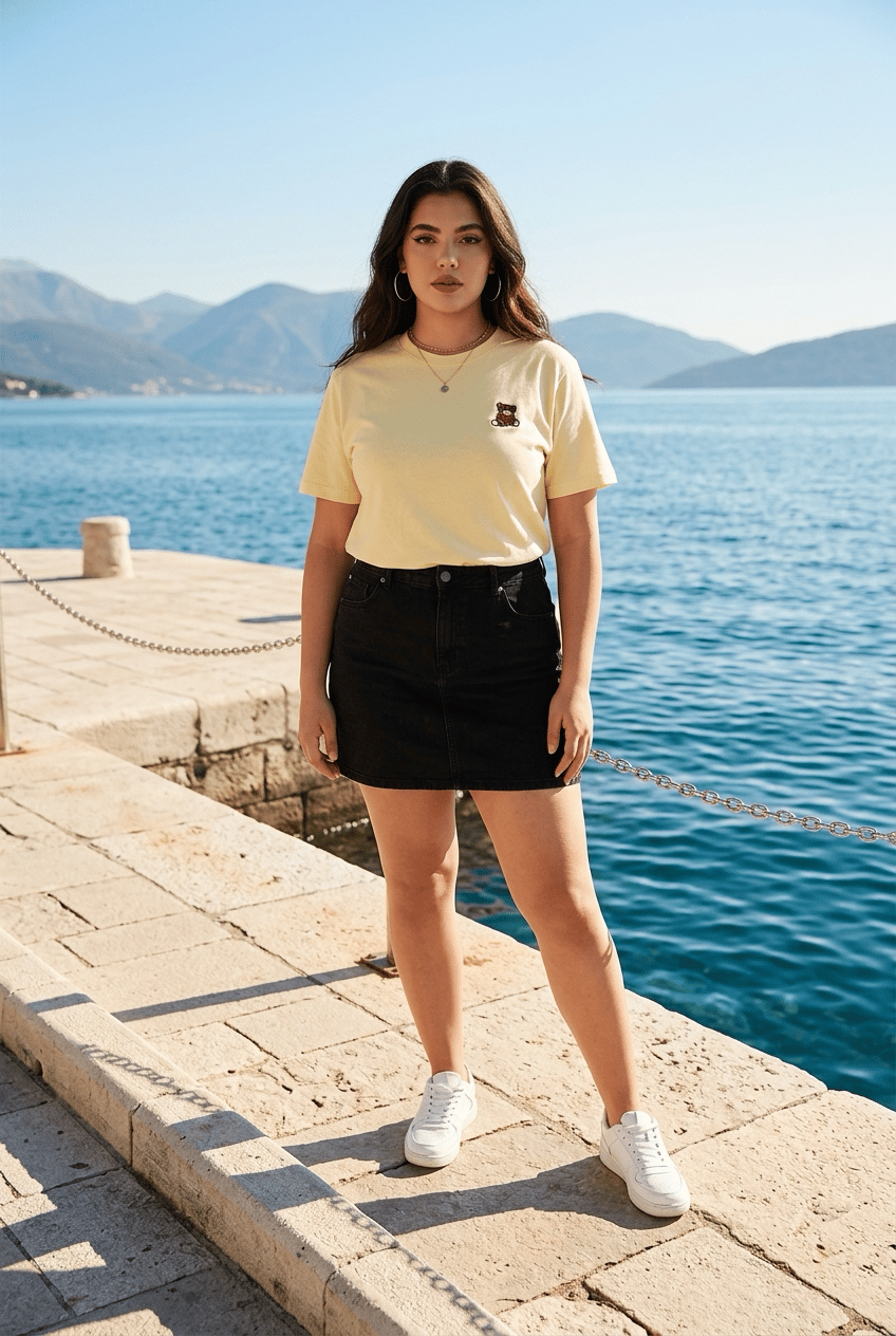 Oversize Basic T-Shirt Ayıcık Nakışlı  - SARI 