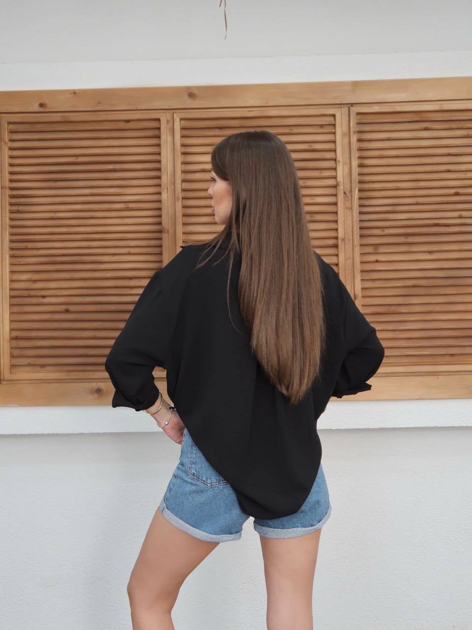 SİYAH Tiril Tiril Oversize Gömlek