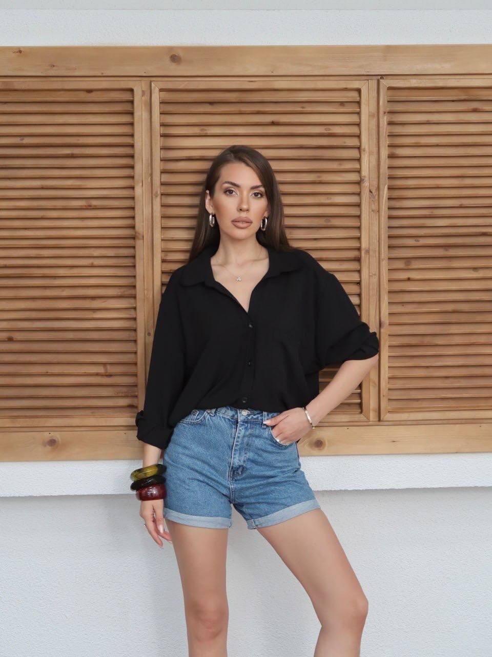SİYAH Tiril Tiril Oversize Gömlek