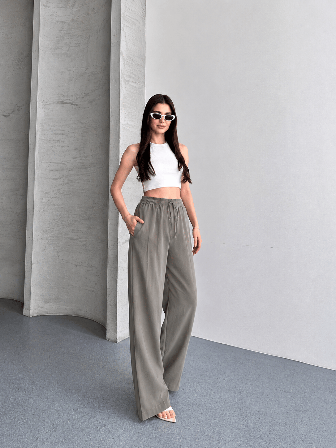 TAŞ RENGİ  BAĞCIKLI TENSEL PANTOLON MASSIMO DUTTI