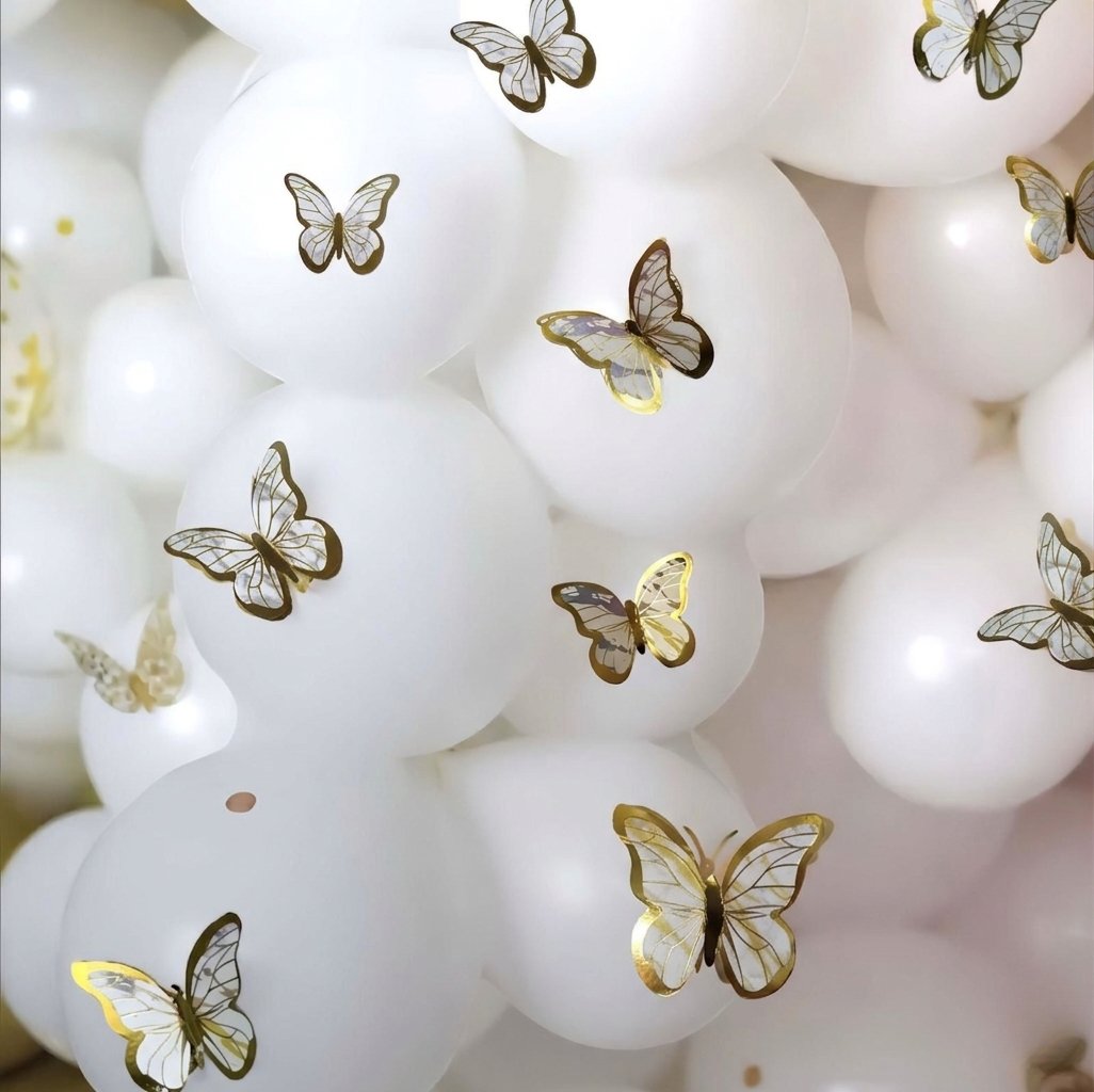 Beyaz Gold Temalı Kelebek Balon Üstü Süsü