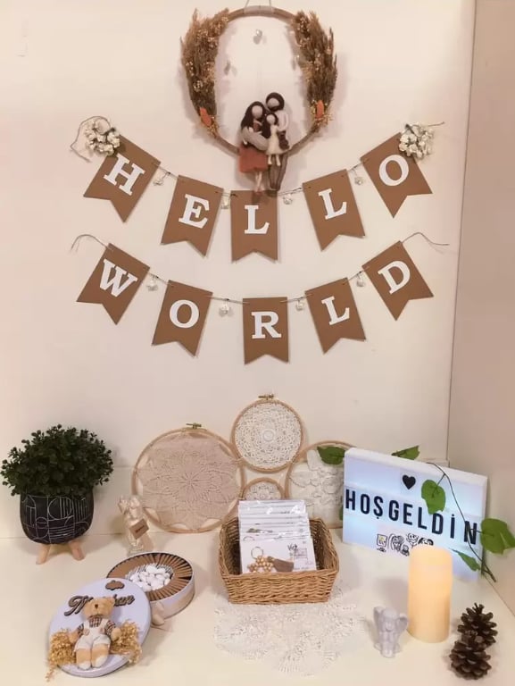 HELLO WORLD BABY SHOWER KRAFT BEYAZ YAZI