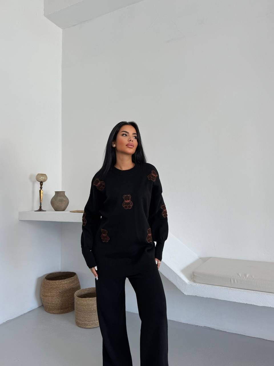 Ayıcık Desenli Oversize Triko Takım