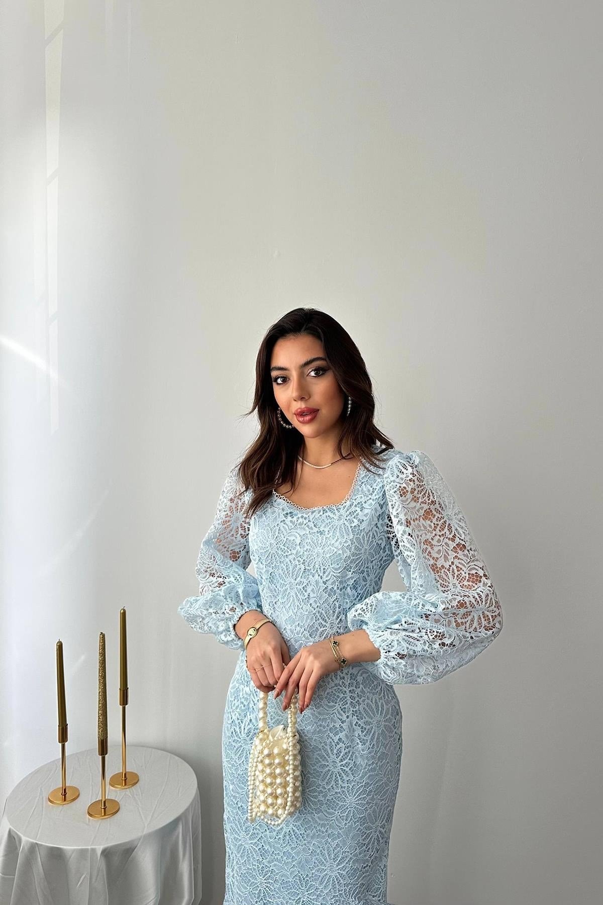 Bebe Mavi Güpür Detaylı Dantel Elbise