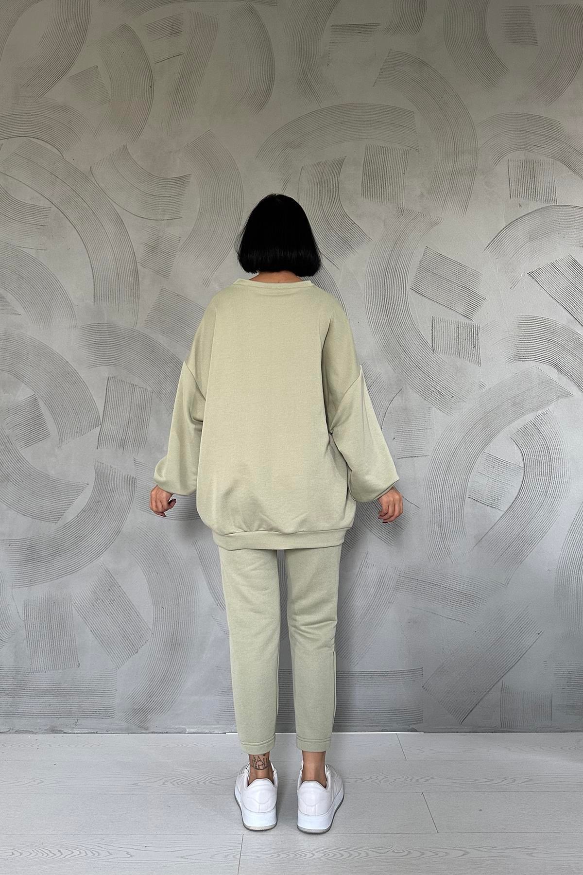 Bej Spor Sweatshirt Ve Pantolon Takım