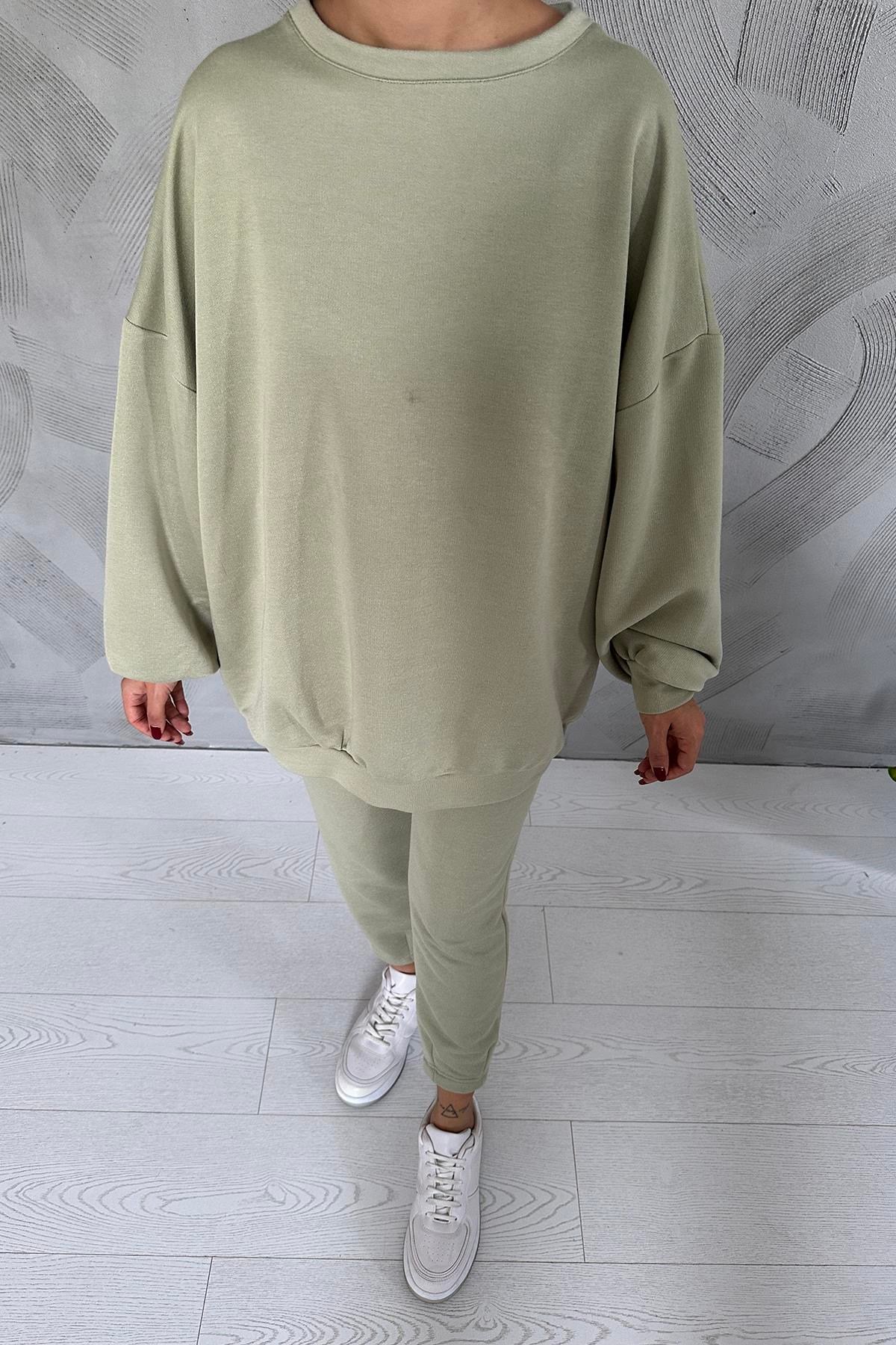 Bej Spor Sweatshirt Ve Pantolon Takım