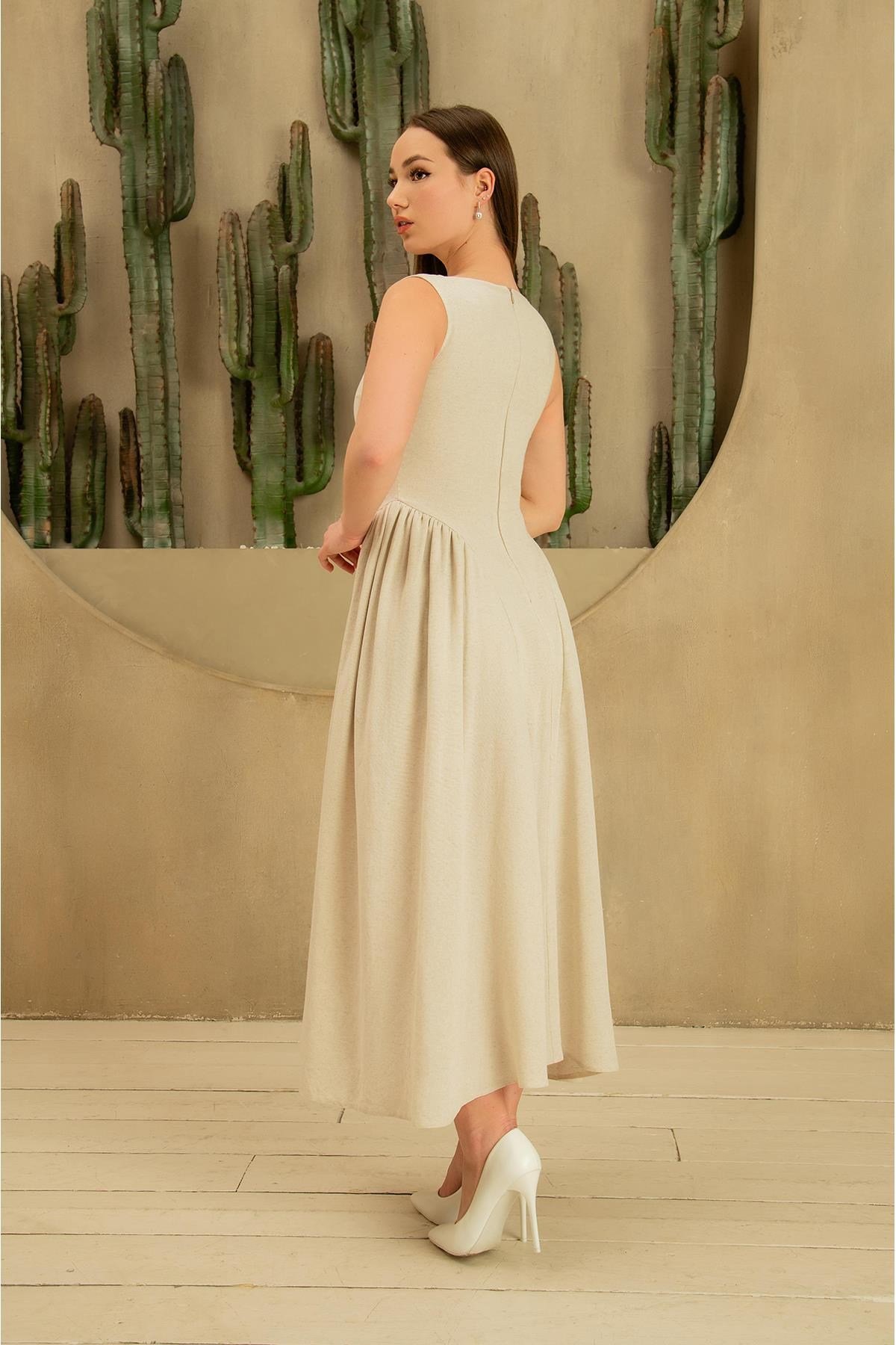 Bej Yanları Büzgülü Midi Boy Keten Elbise