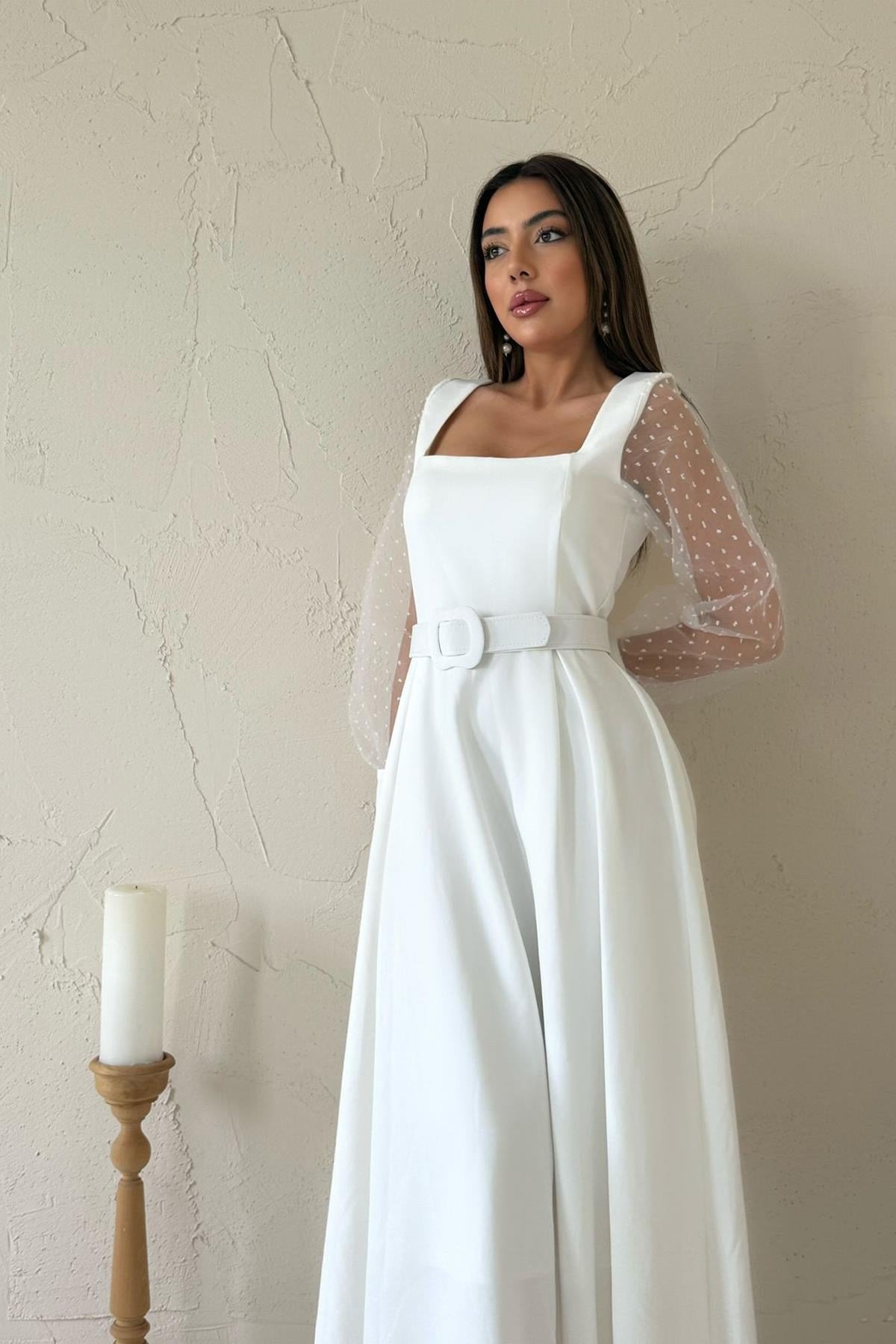 Beyaz Kolları Organze Kuplu Elbise