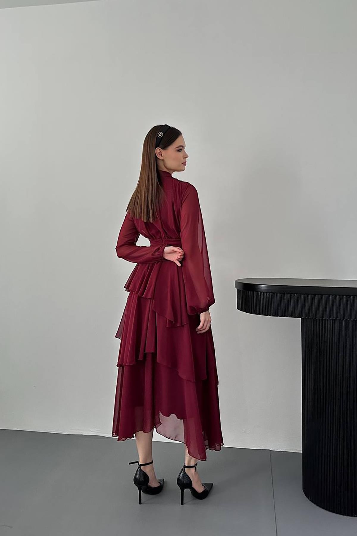 Bordo Bel Detaylı Elbise