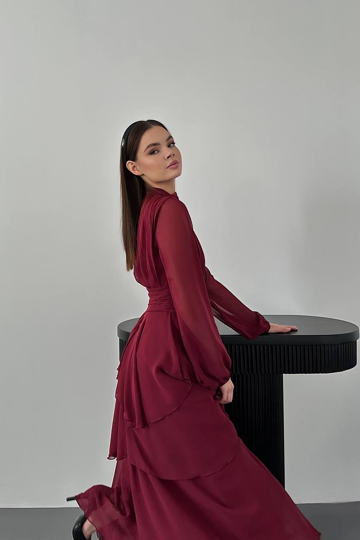 Bordo Bel Detaylı Elbise