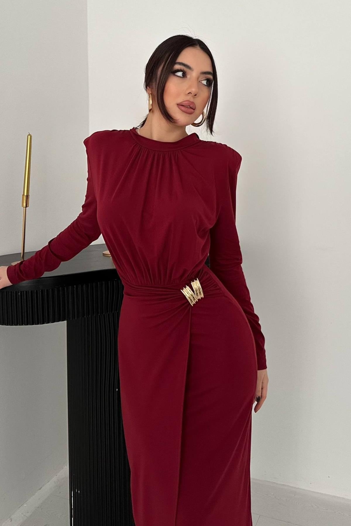 Bordo Beli Tokalı Elbise