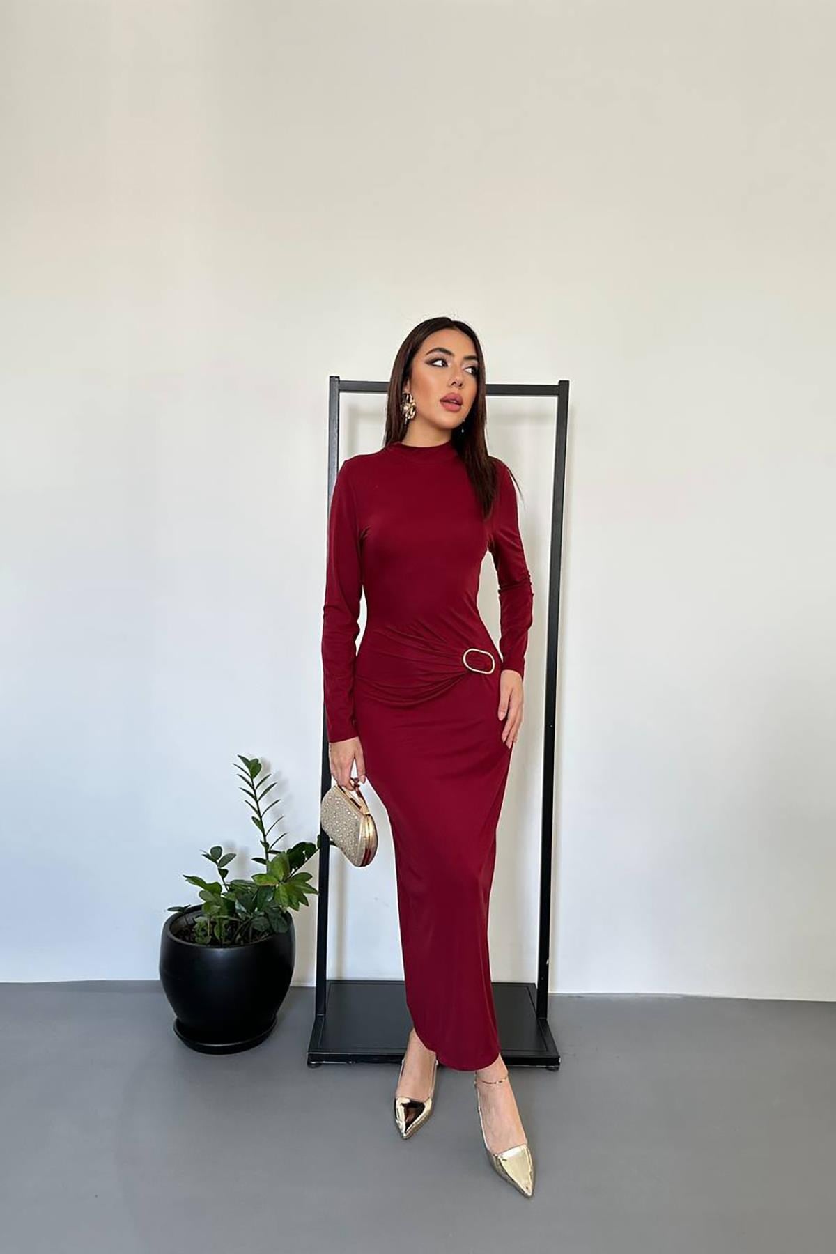 Bordo Beli Tokalı Elbise