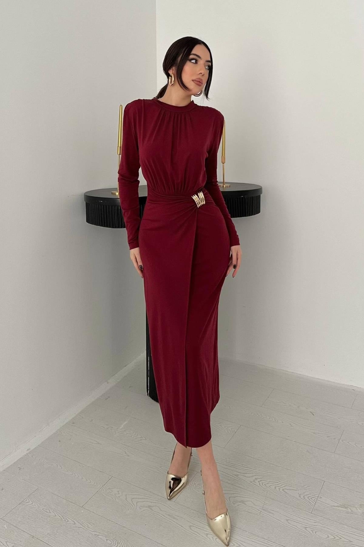 Bordo Beli Tokalı Elbise