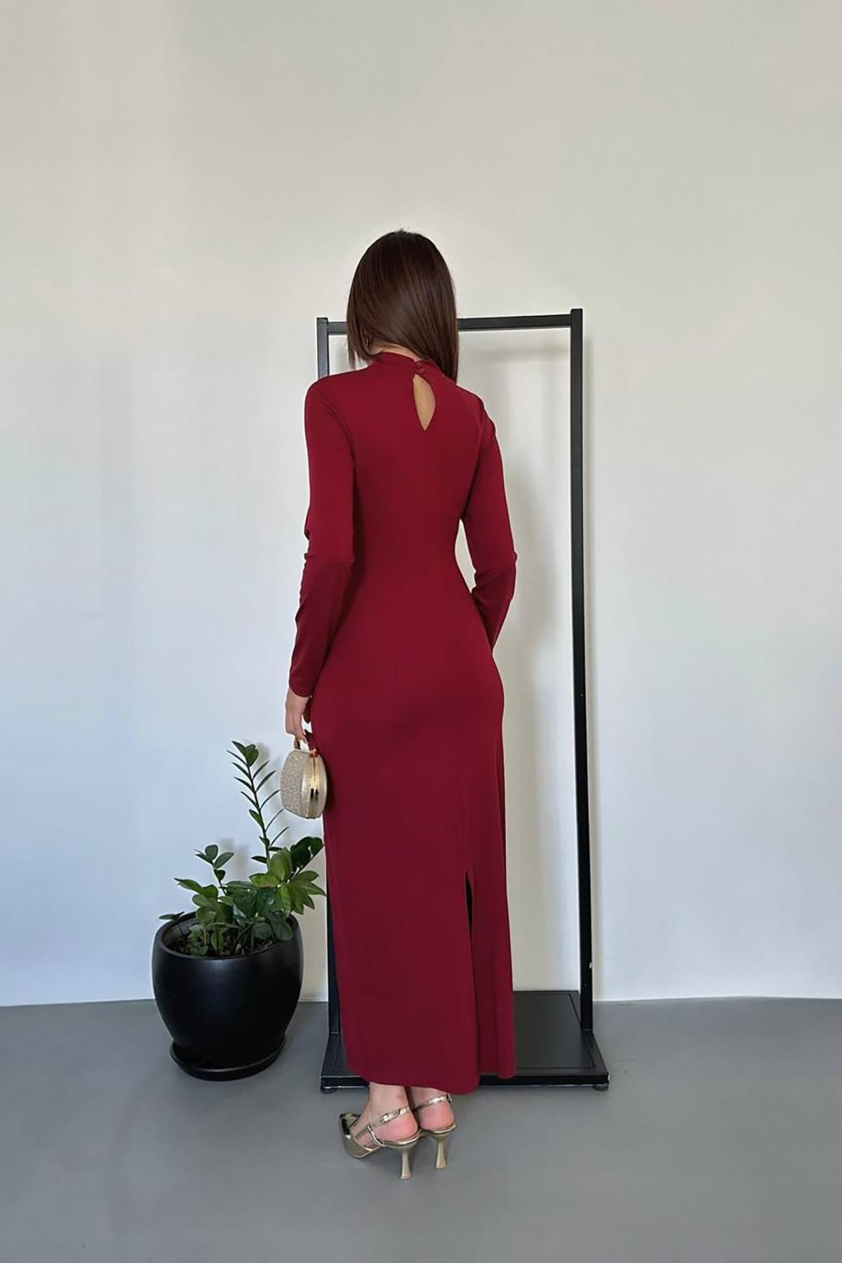 Bordo Beli Tokalı Elbise