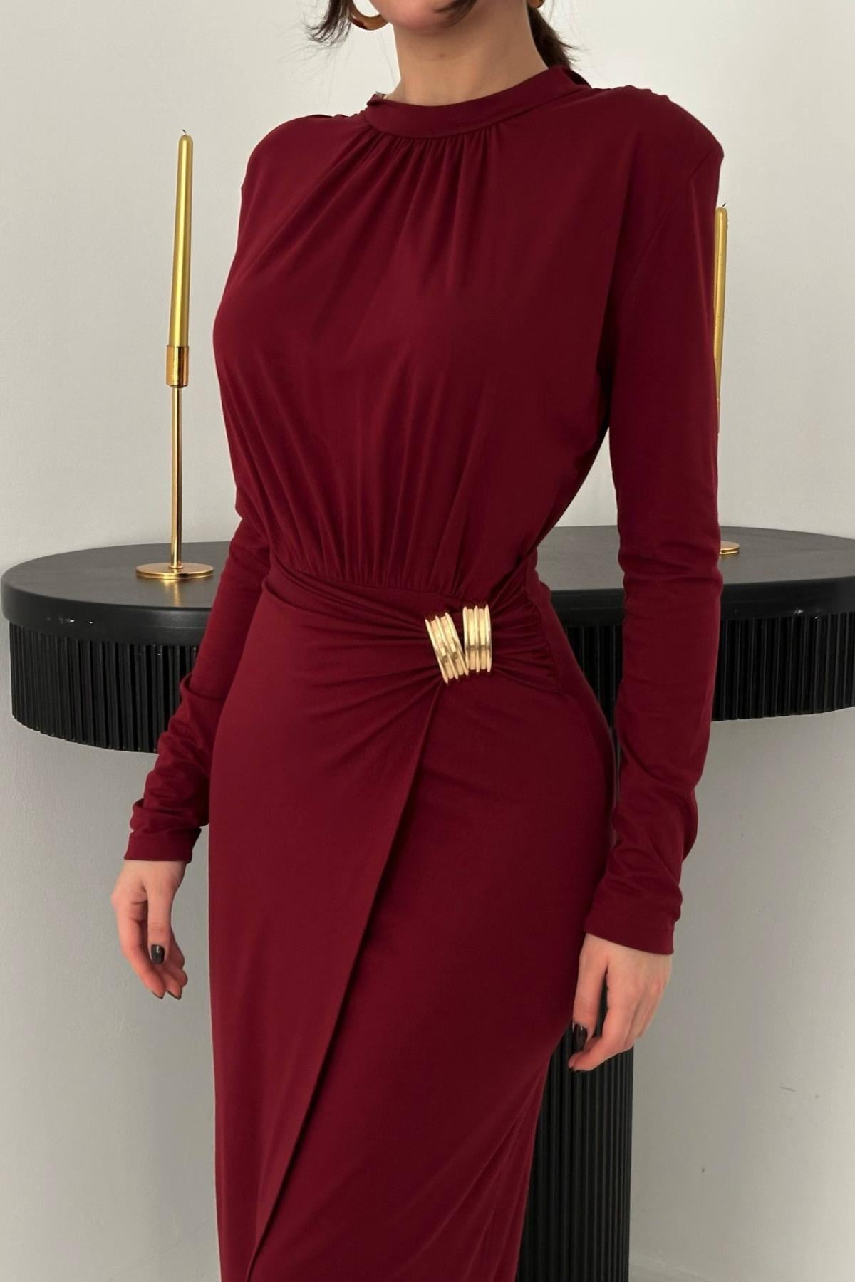 Bordo Beli Tokalı Elbise