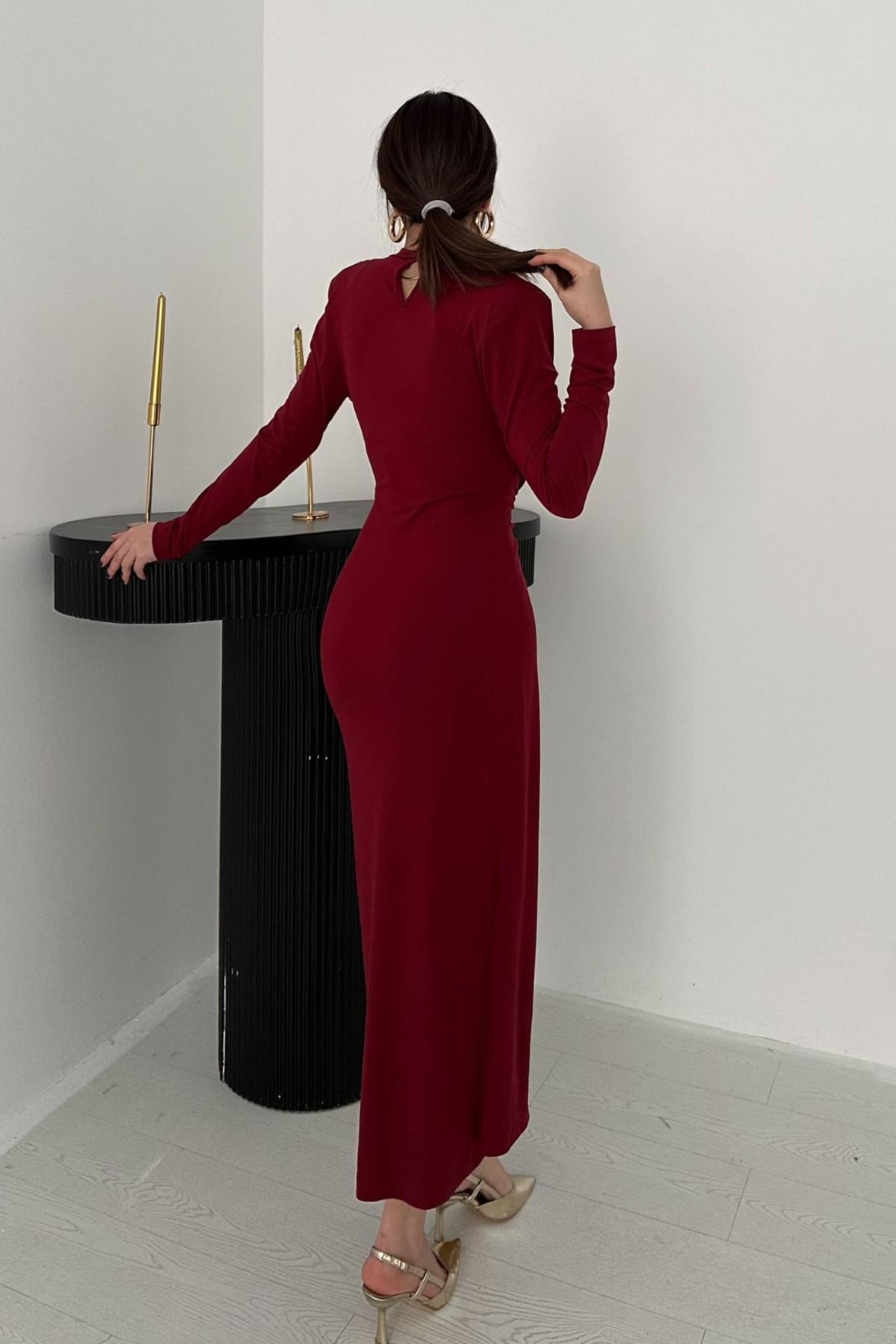 Bordo Beli Tokalı Elbise