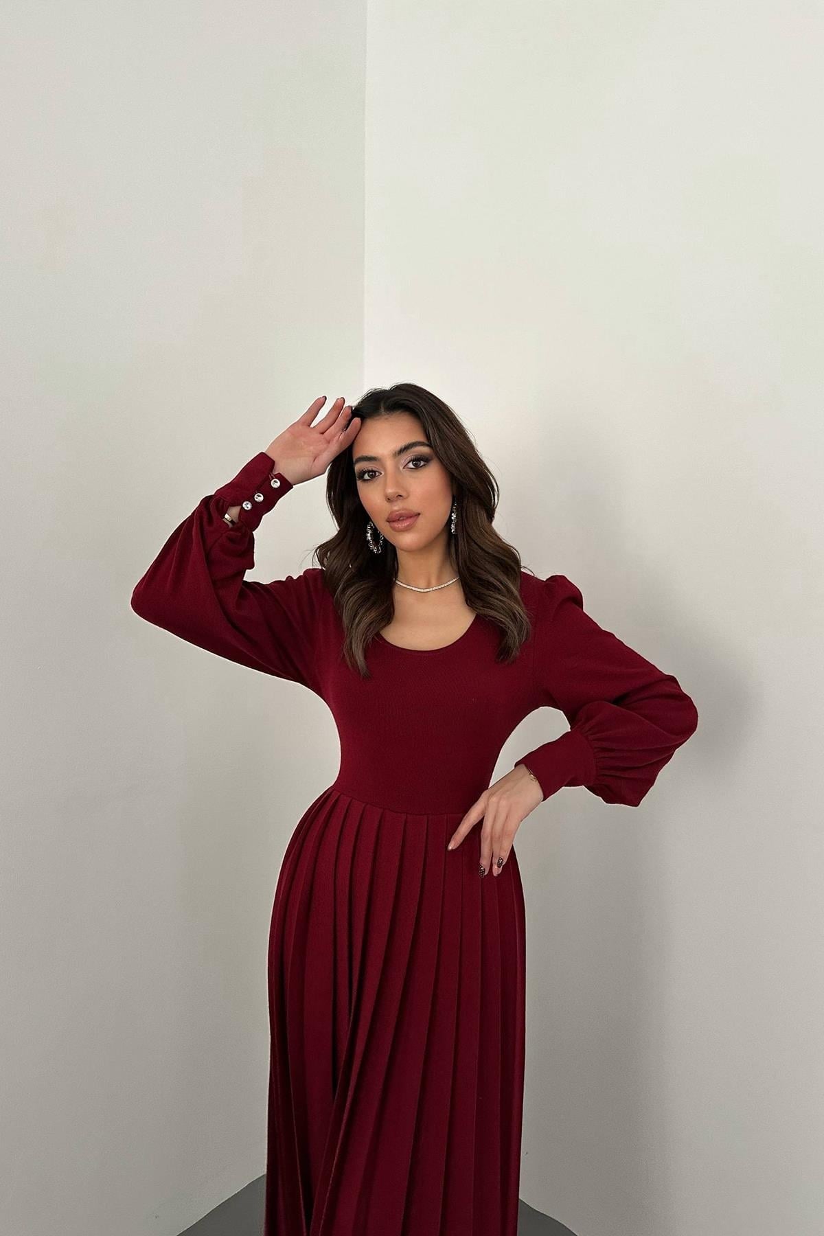 Bordo Bisiklet Yaka Elbise