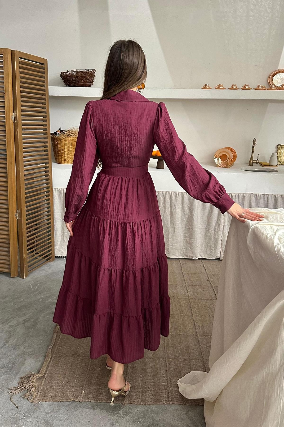 Bordo Çizgi Desenli Uzun Elbise
