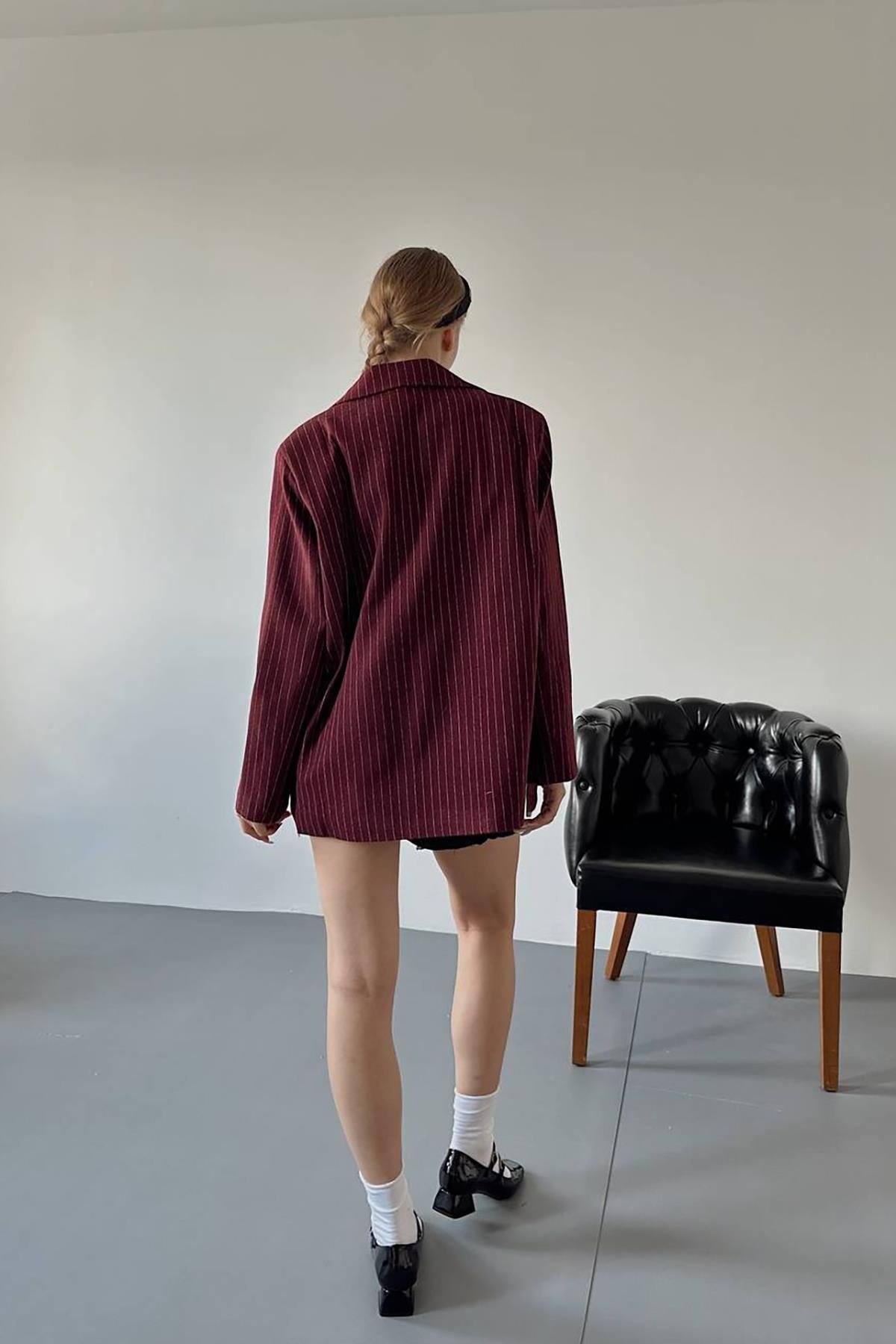 Bordo Çizgili Oversize Ceket