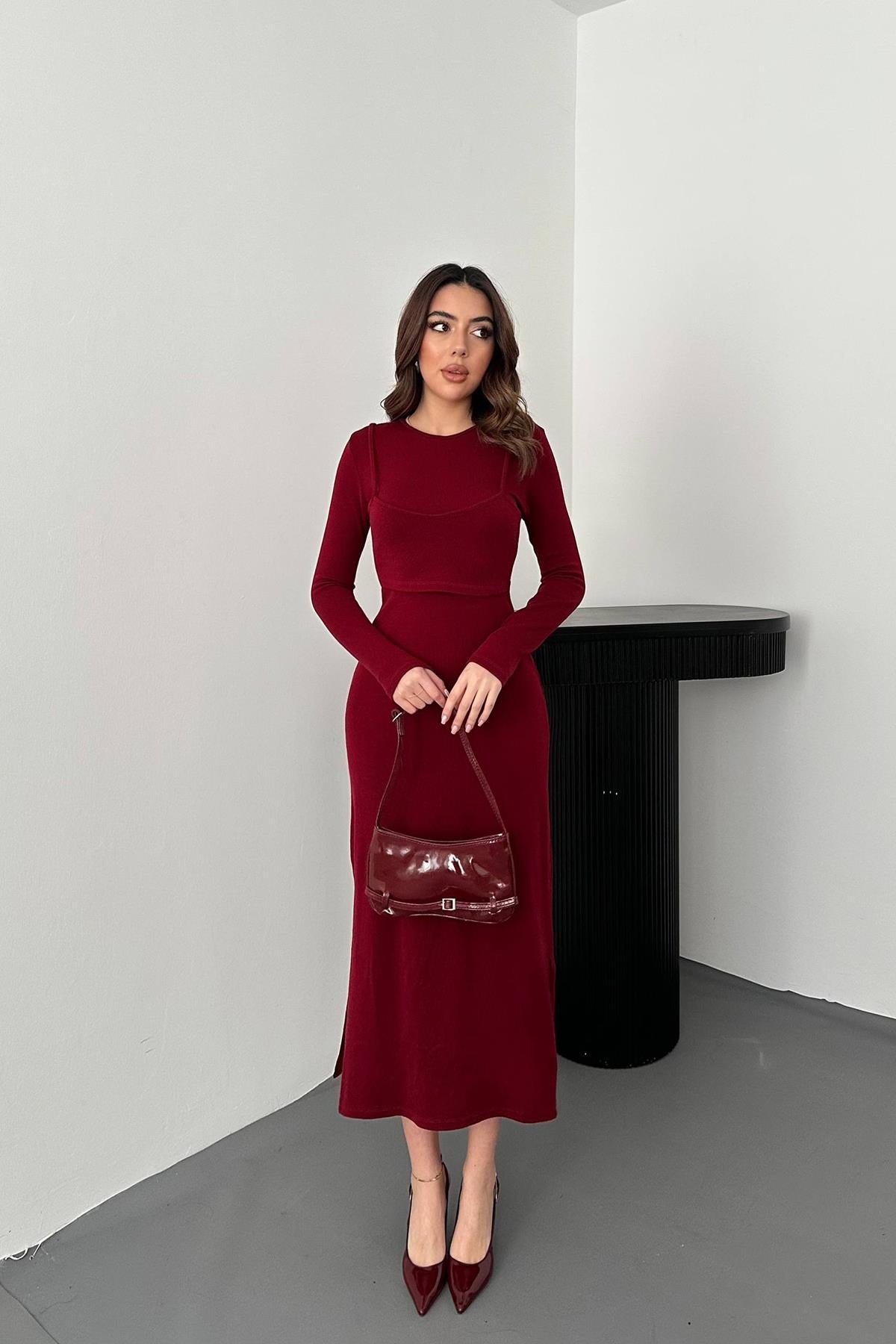 Bordo Croplu Akrilik Elbise