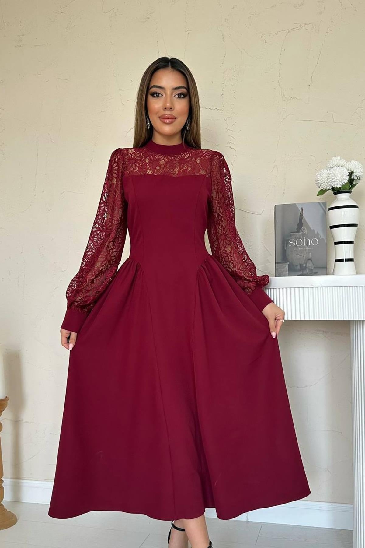 Bordo Dantel Garnili Büzgülü Atlas Elbise