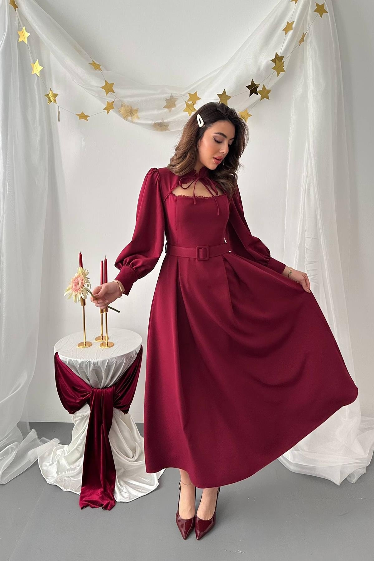 Bordo Dantelli Kuplu Elbise